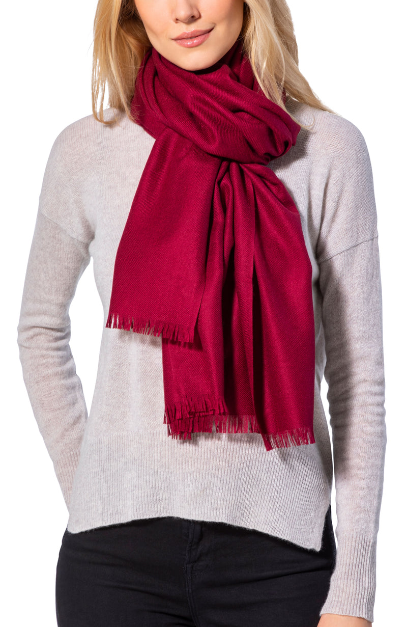 model wearing CASHMERE BLEND SOLID WRAP in burgundy