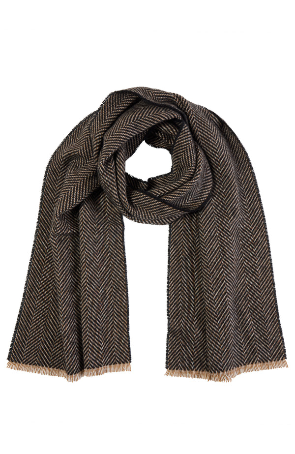 CASHMERE MARLED HERRINGBONE WOVEN SCARF in black-camel