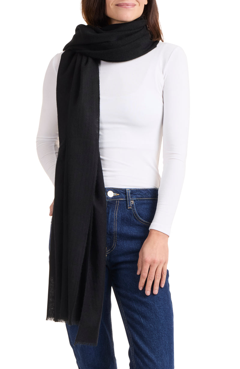 model wearing LIGHTWEIGHT CASHMERE GAUZE WRAP in black