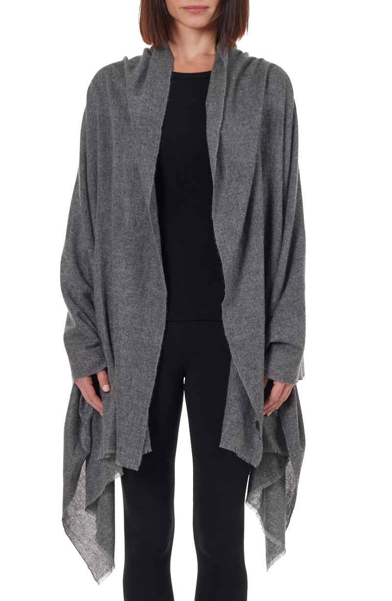 model wearing LIGHTWEIGHT CASHMERE GAUZE WRAP in grey