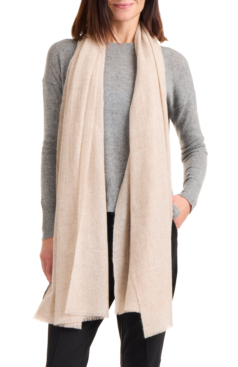 model wearing LIGHTWEIGHT CASHMERE GAUZE WRAP in beige