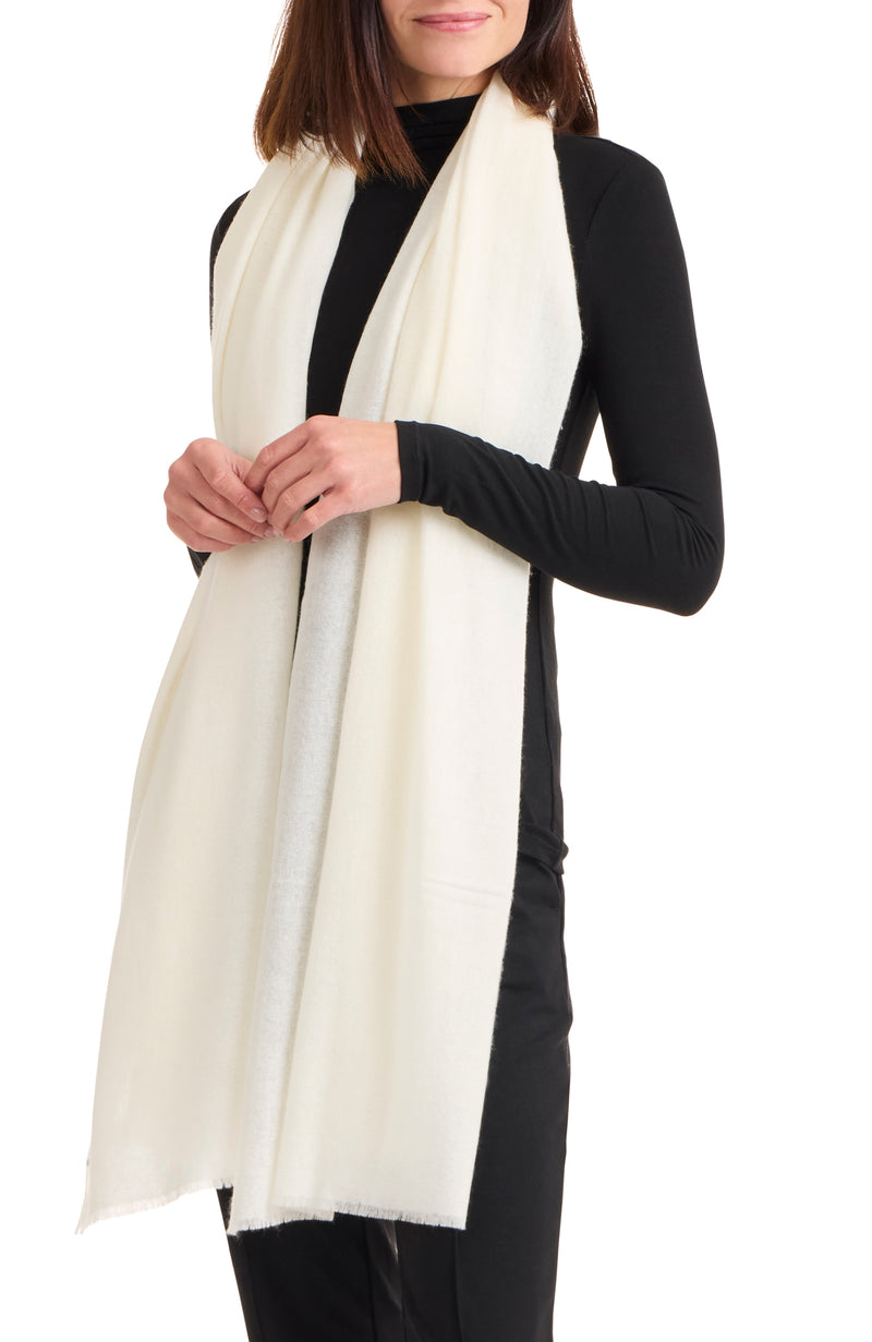 model wearing LIGHTWEIGHT CASHMERE GAUZE WRAP in ivory