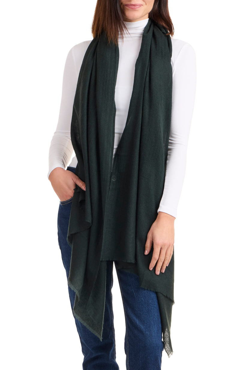 model wearing LIGHTWEIGHT CASHMERE GAUZE WRAP in dark green