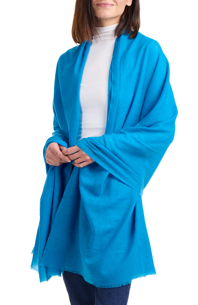 model wearing LIGHTWEIGHT CASHMERE GAUZE WRAP in steel blue