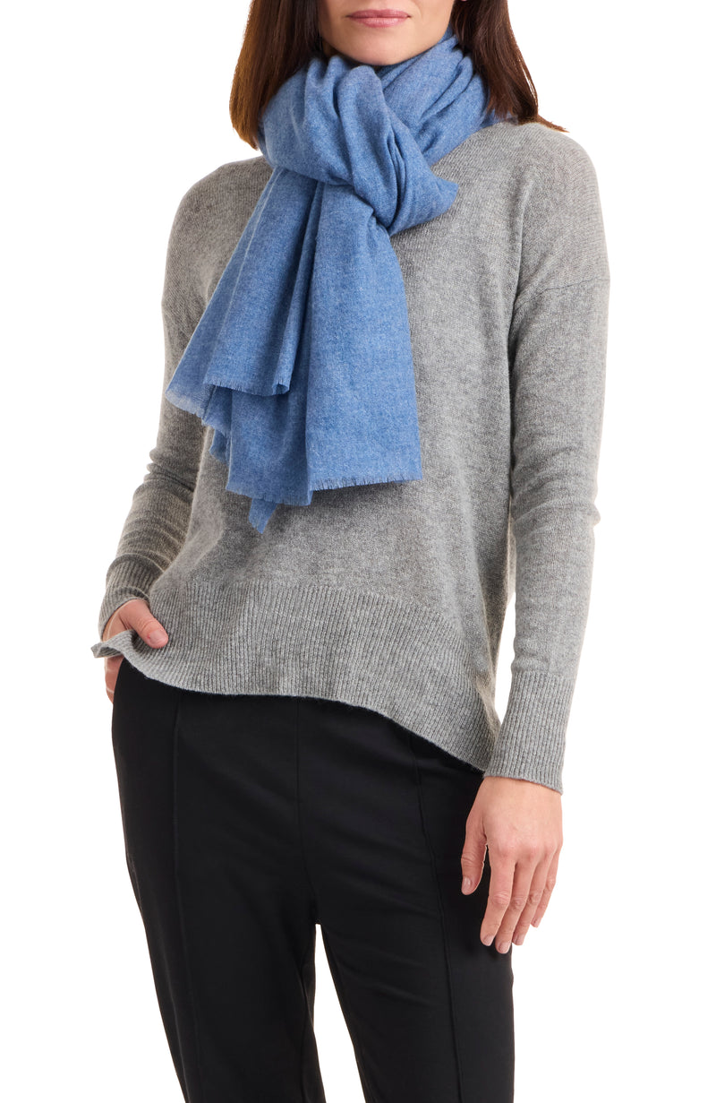 model wearing LIGHTWEIGHT CASHMERE GAUZE WRAP in medium blue