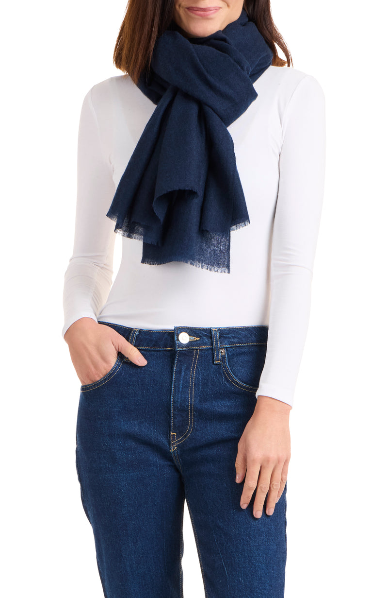 model wearing LIGHTWEIGHT CASHMERE GAUZE WRAP in dark navy