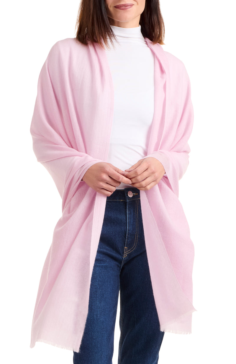 model wearing LIGHTWEIGHT CASHMERE GAUZE WRAP in pink