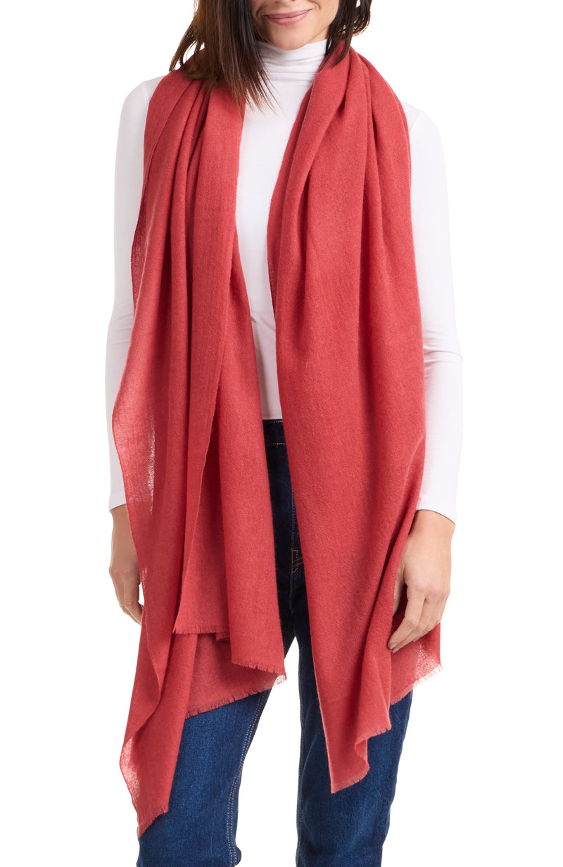 model wearing LIGHTWEIGHT CASHMERE GAUZE WRAP in fuscia