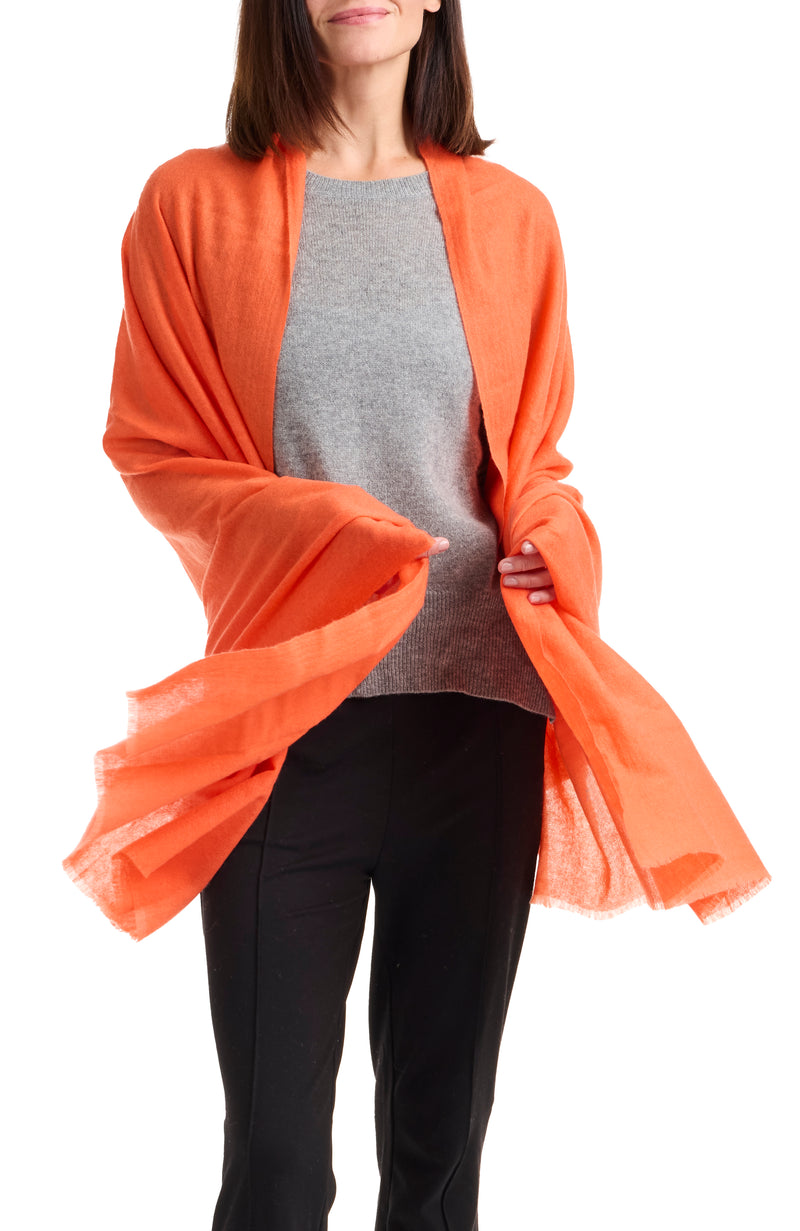 model wearing LIGHTWEIGHT CASHMERE GAUZE WRAP in burnt orange