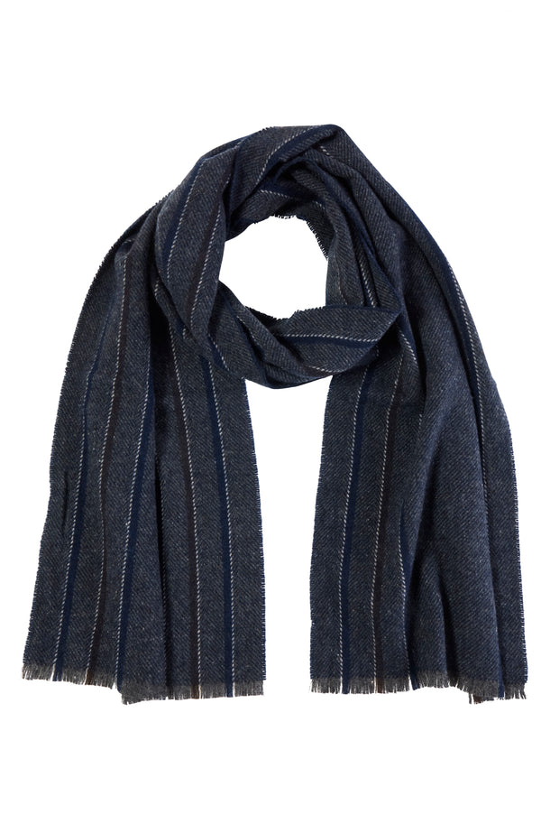 CASHMERE LIGHTWEIGHT BORDER STRIPE WOVEN SCARF in navy