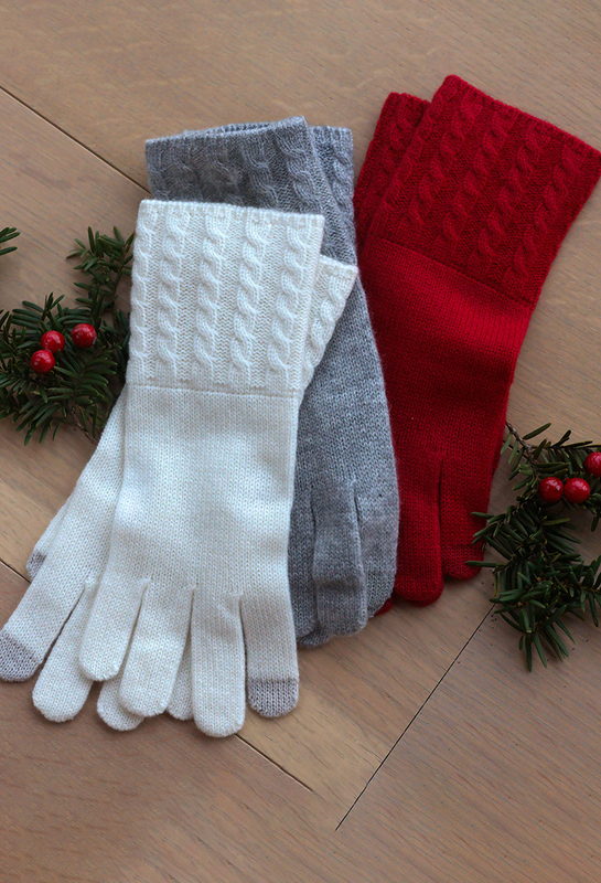 white, grey and red cashmere gloves with cable knit