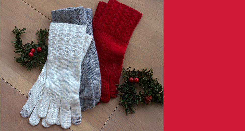 white, grey and red cashmere gloves with cable knit