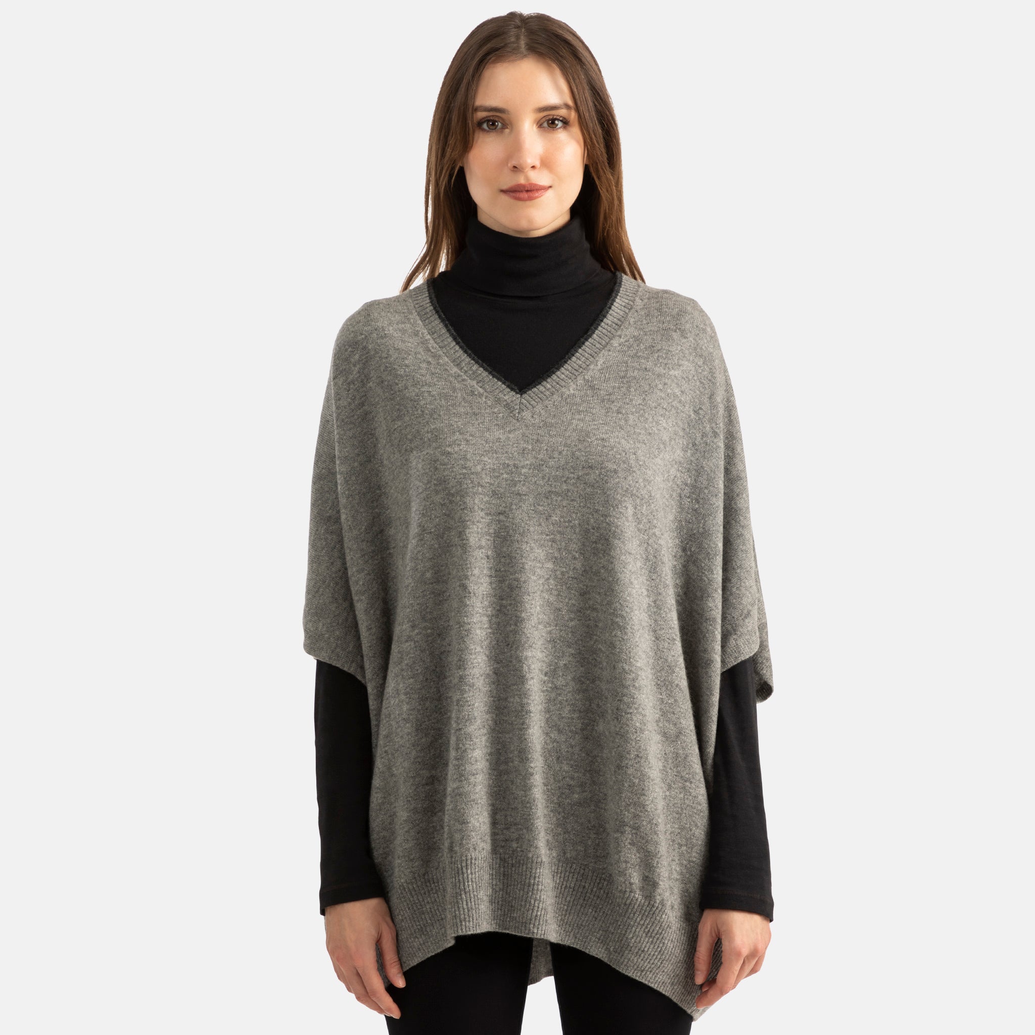 Cashmere Knit V-Neck Poncho with Tipping