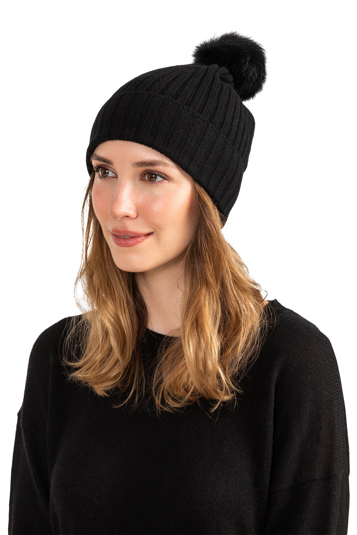 Beanie Hat with Faux Fur Pom-Pom Black / One Size