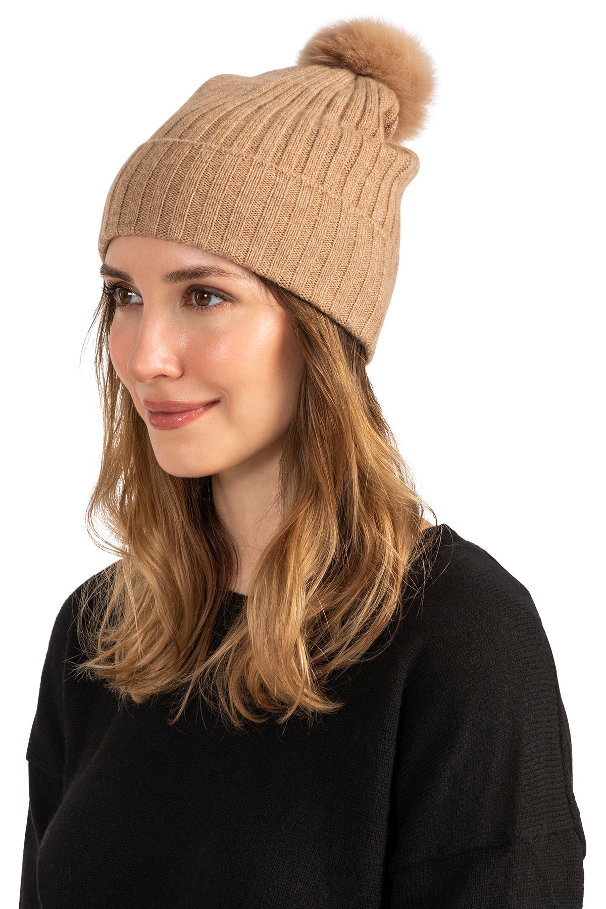 Cashmere Beanie with Shearling Pom